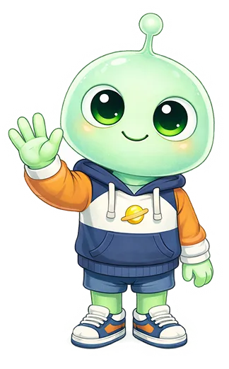Koru, a friendly little alien, waving hello